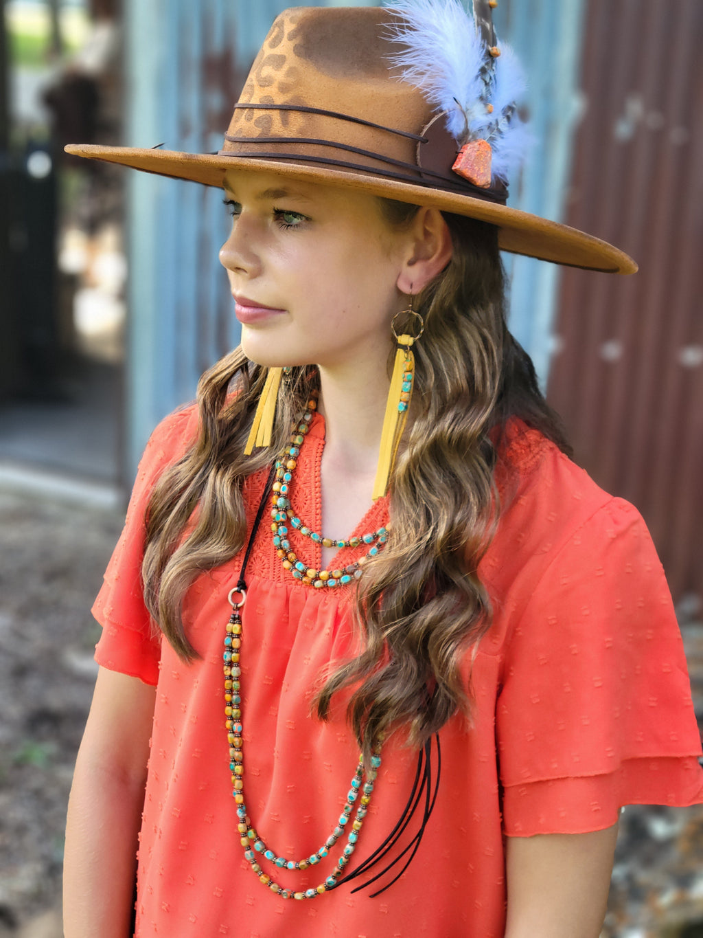 Leather Fringe Earrings with Regalite Sunrise Beads 100L