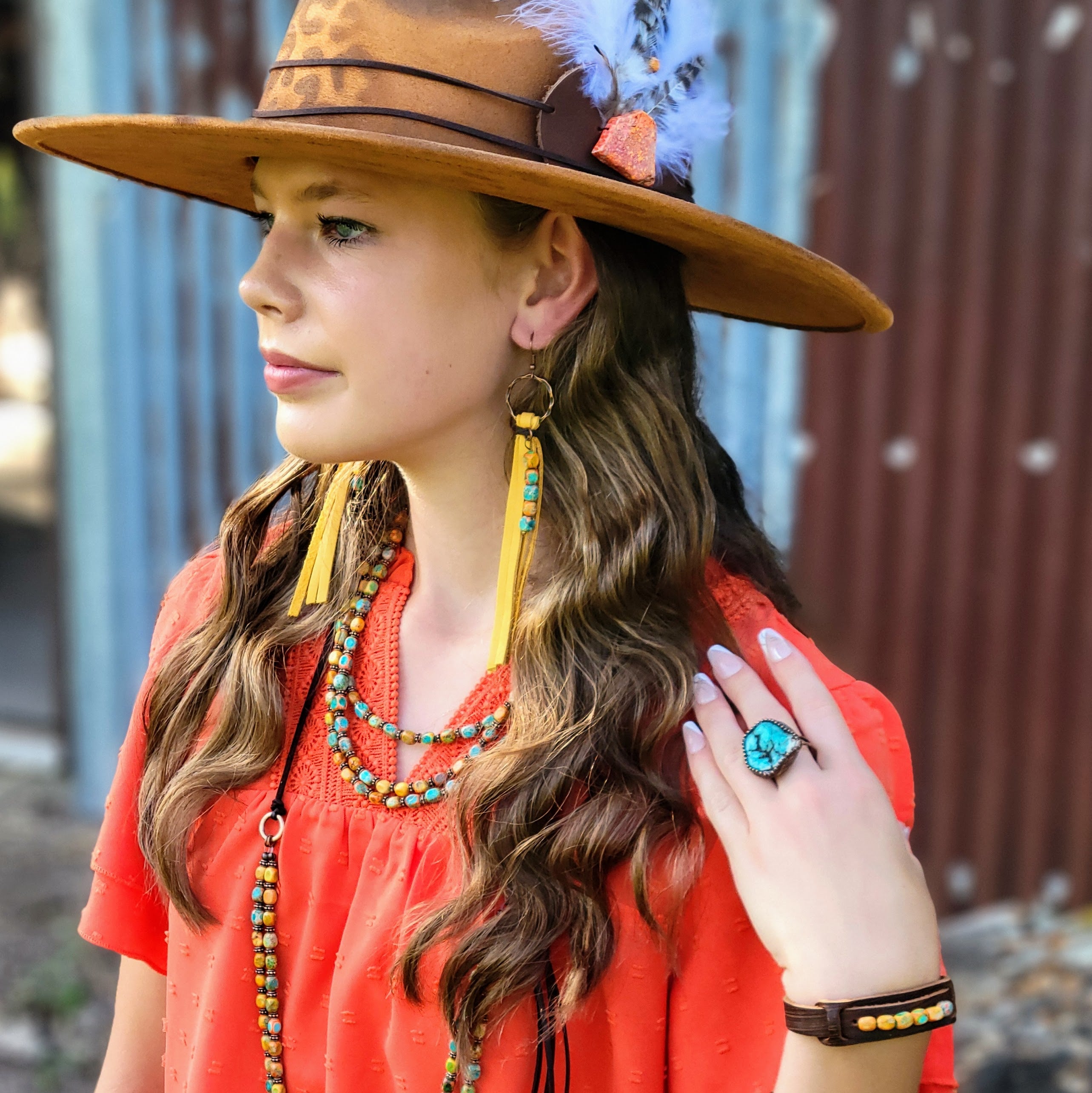 Leather Fringe Earrings with Regalite Sunrise Beads 100L
