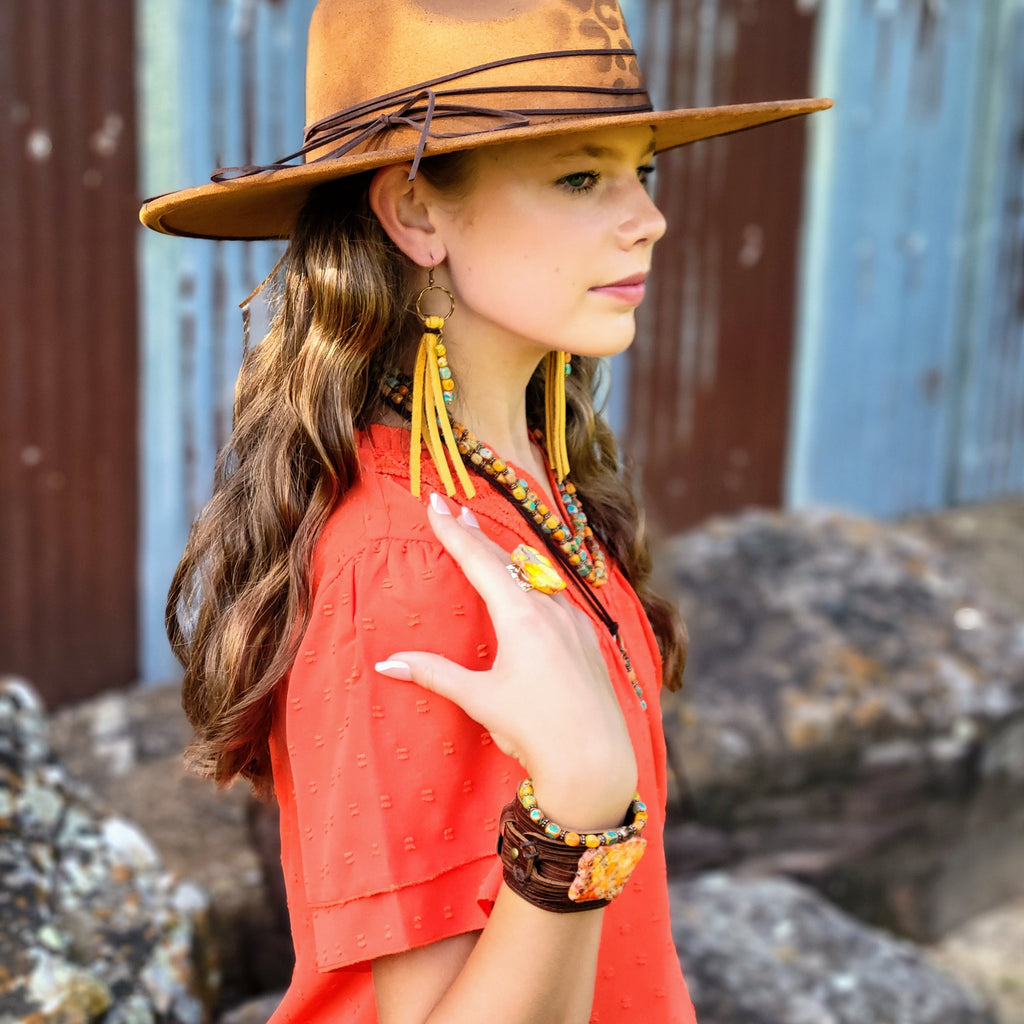 Leather Fringe Earrings with Regalite Sunrise Beads 100L