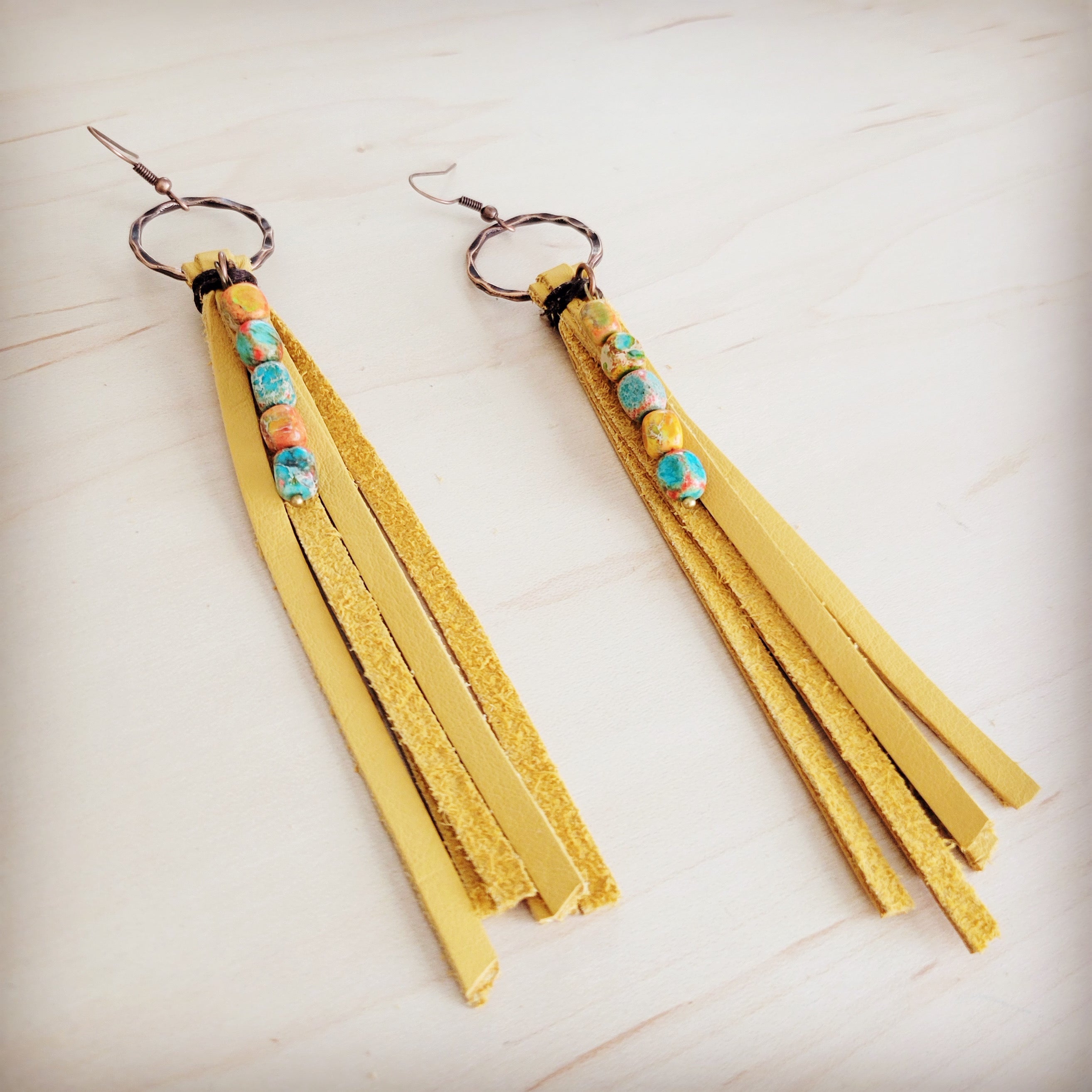 Leather Fringe Earrings with Regalite Sunrise Beads 100L
